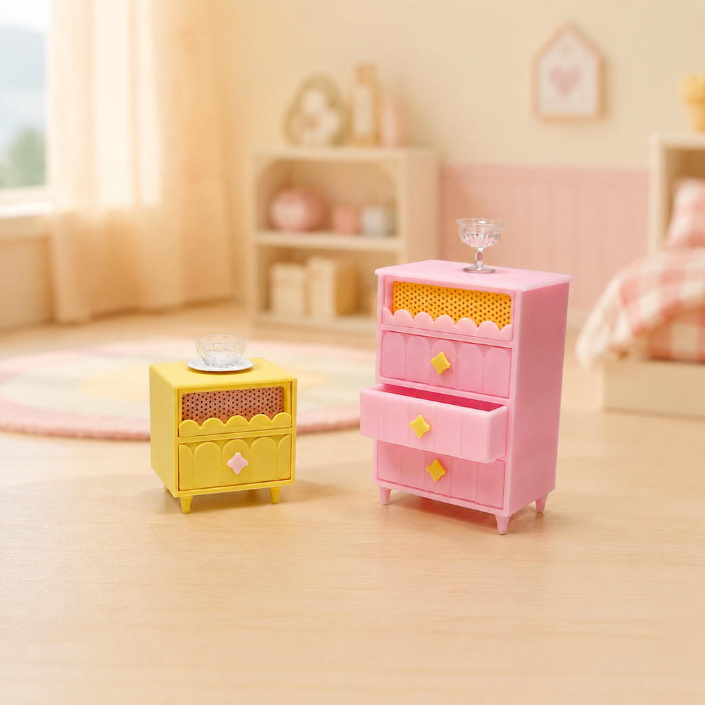 RHF542C  INS Creamy Yellow Wavy Storage Cabinet Set Macaron-colored dollhouse furniture, playful pink and yellow contrasting dollhouse set, creamy mini furniture, dollhouse miniature scene furniture, trendy wavy furniture