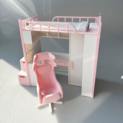 RHF218 Desk Set E-sports Chair 1:12 Scale 3D Printed Dollhouse Loft Bed Desk Set Gaming Chair Pink & White Miniature Furniture for BJD/OB Dolls