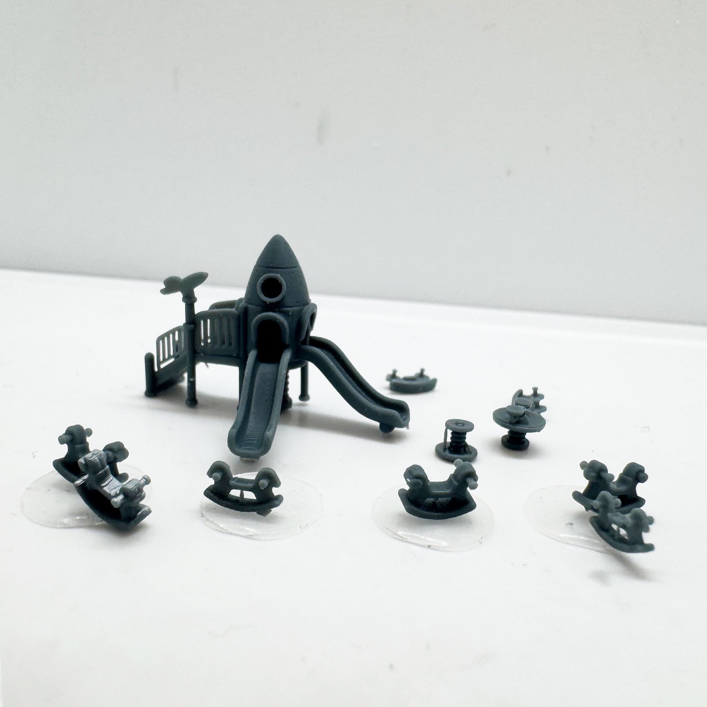 LYTS174 3D Printed Rocket-Themed Playground Equipment Model Set - Train Railway Miniature Scene Decor Ornament