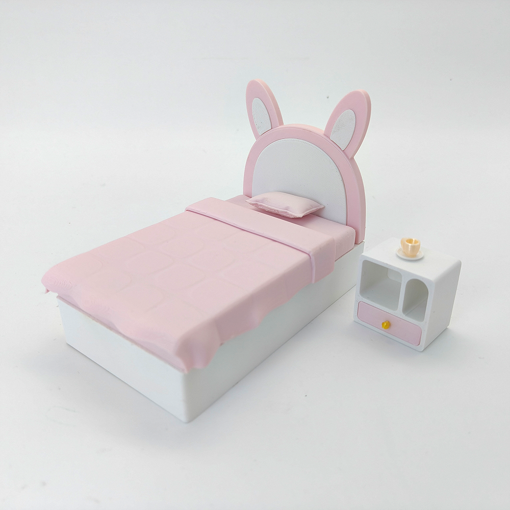 LYTP12203 1/12 Bunny-Ear Sweet Dreams Mini Princess Bed Set With Nightstand  INS Style Miniature Display Model 1:12 Scale