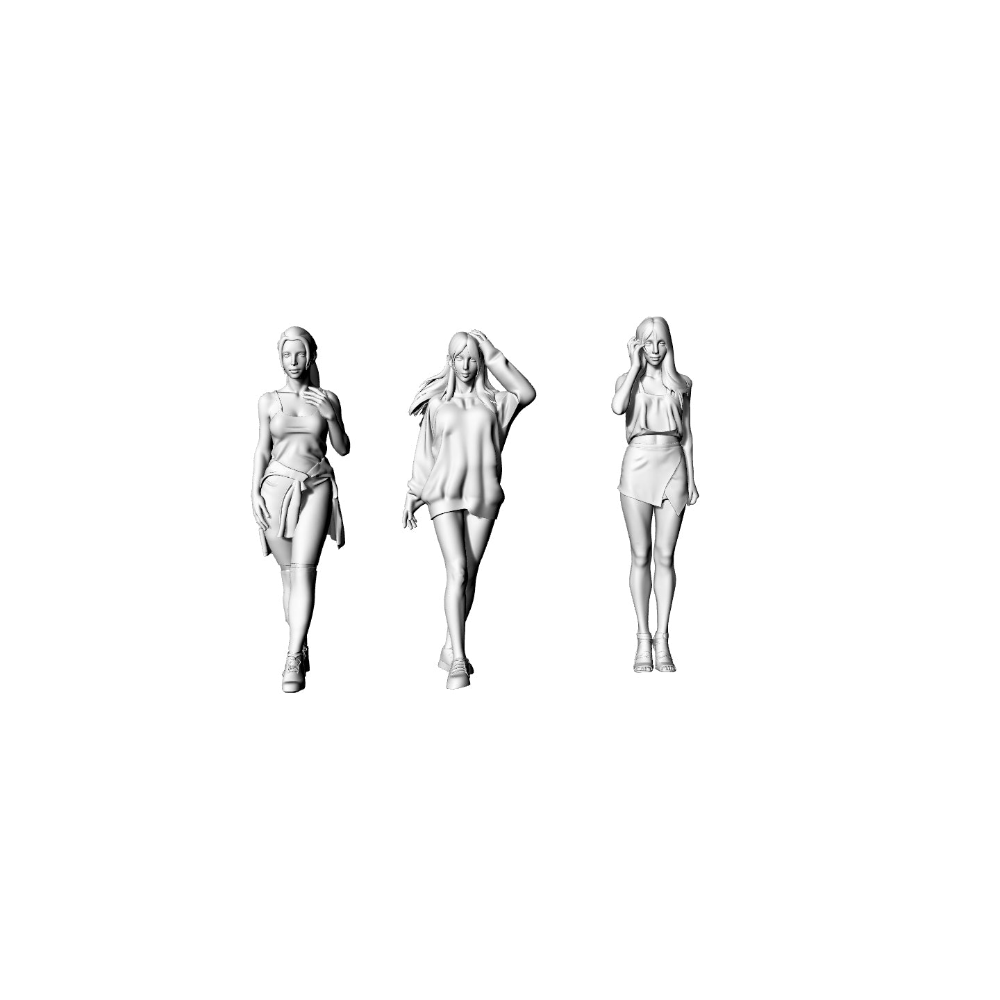 Yao's Studio LYTR070  Urban Fashion Girls 3-Pack 3D Print Model, Unpainted Trendy Figures, DIY Painting Kit 1set