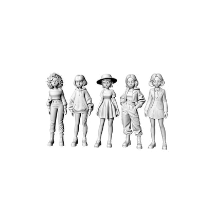 Yao's Studio LYTR068  Trendy Girls Group 3D Print Model Set, 5-Style Unpainted Figures, DIY Painting Kit 1set