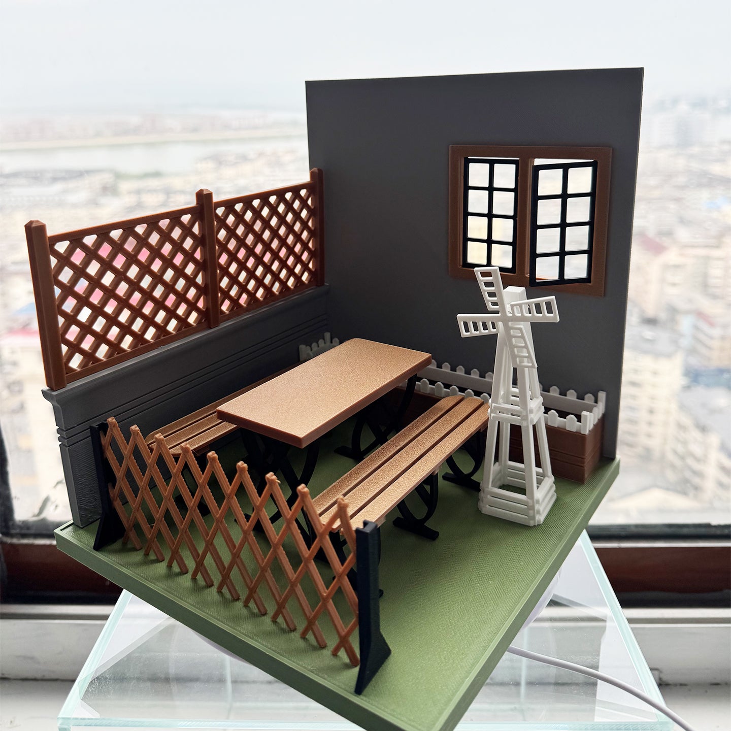 RHF121016 Courtyard 1:12 Scale Dollhouse 3D Printed Miniature Model - Garden Scene With Windmill Table And Chairs