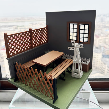 RHF121016 Courtyard 1:12 Scale Dollhouse 3D Printed Miniature Model - Garden Scene With Windmill Table And Chairs