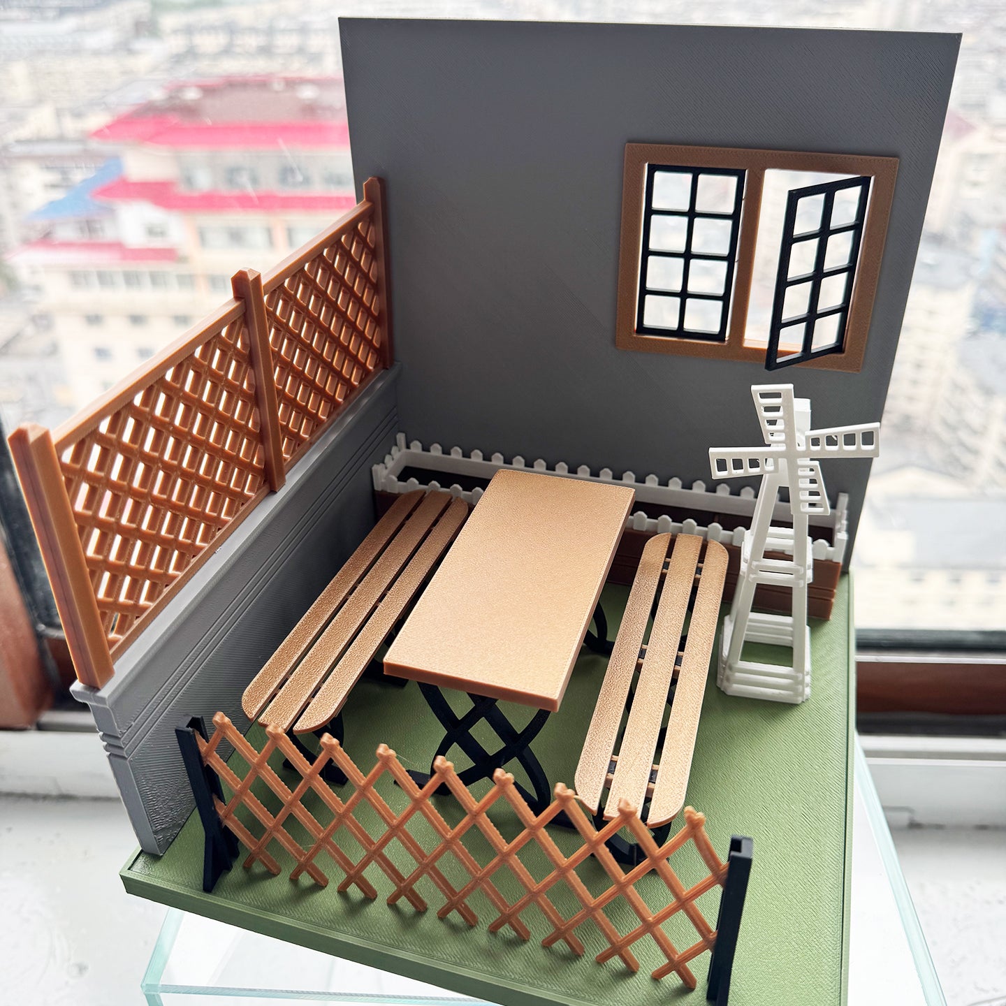 RHF121016 Courtyard 1:12 Scale Dollhouse 3D Printed Miniature Model - Garden Scene With Windmill Table And Chairs