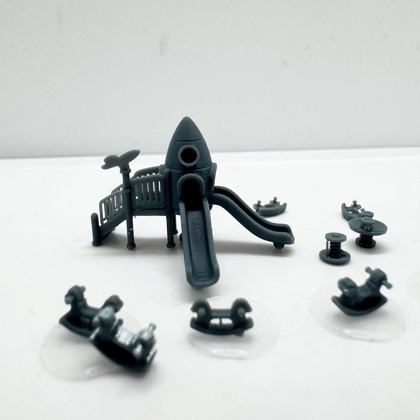 LYTS174 3D Printed Rocket-Themed Playground Equipment Model Set - Train Railway Miniature Scene Decor Ornament