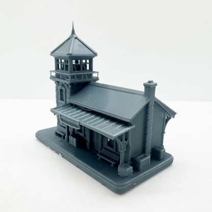 MRY-SFW LYTS125 Stone Train Station with Watchtower 3D Printed Retro Railway Miniature for Model Train Scenes Collectors or Desktop Decoration