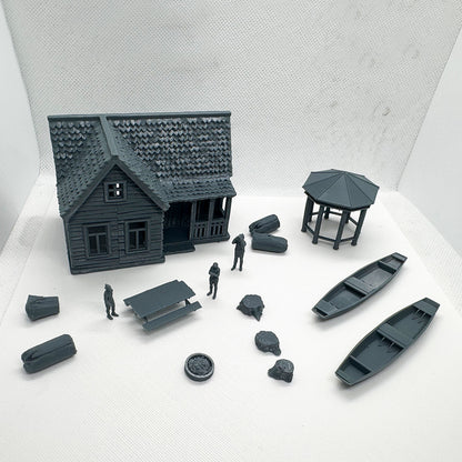 Yao's Studio LYTS059  S Scale 3D Model Railway Train Related Items Gazebo Log Cabin Campfire Table Figures And Small Boat