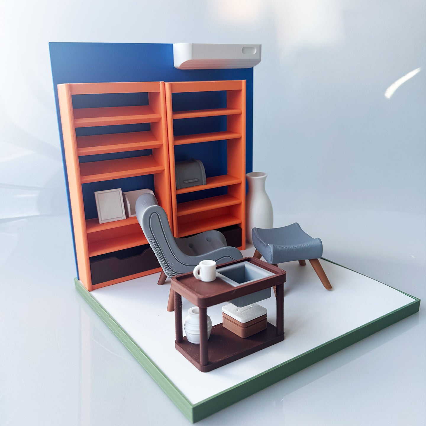 RHF121003 1/12 Resting Corner Framework 3D Printing DIY Miniature Scenes1:12 scale leisure dollhouse miniature recliner, bookshelf, tea table