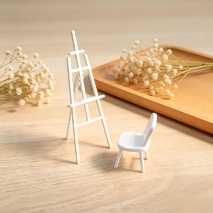 RHF12246 easel & chair 3D Printed Modern Miniature Furniture Collapsible Easel & Chair Model 1:12 Scale Miniature Accessory for BJD/OB Dollhouses Perfect for Art Studio Dollhouse Scenery DIY Miniature Scene Props and Creative Desktop Ornaments