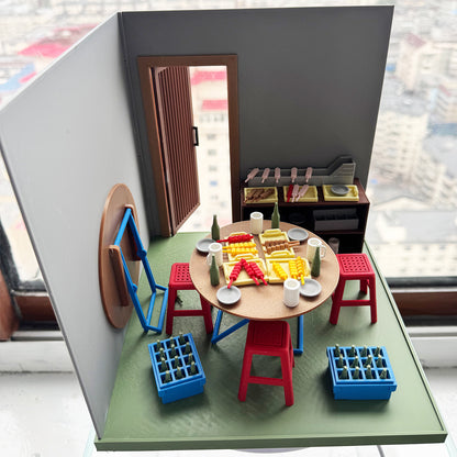RHF121015 1/12 The Grill Room 1:12 Scale Dollhouse 3D Printed Miniature Barbecue Hut - With Barbecue Tools Table Chairs And Beer