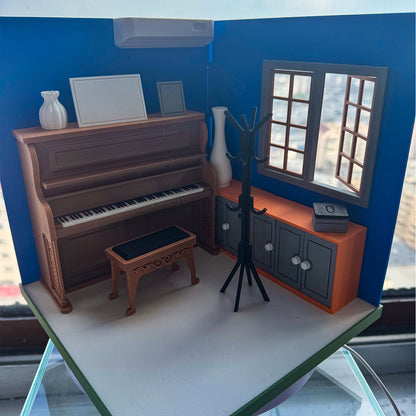 RHF121009 1/12 Piano Room 3D Printing DIY Miniature Scenes Dollhouse Frame Creative Decorations Desktop Scenarios Mini Models 12-Inch BJD OB Doll Piano study room
