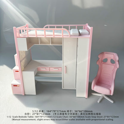 RHF218 Desk Set E-sports Chair 1:12 Scale 3D Printed Dollhouse Loft Bed Desk Set Gaming Chair Pink & White Miniature Furniture for BJD/OB Dolls