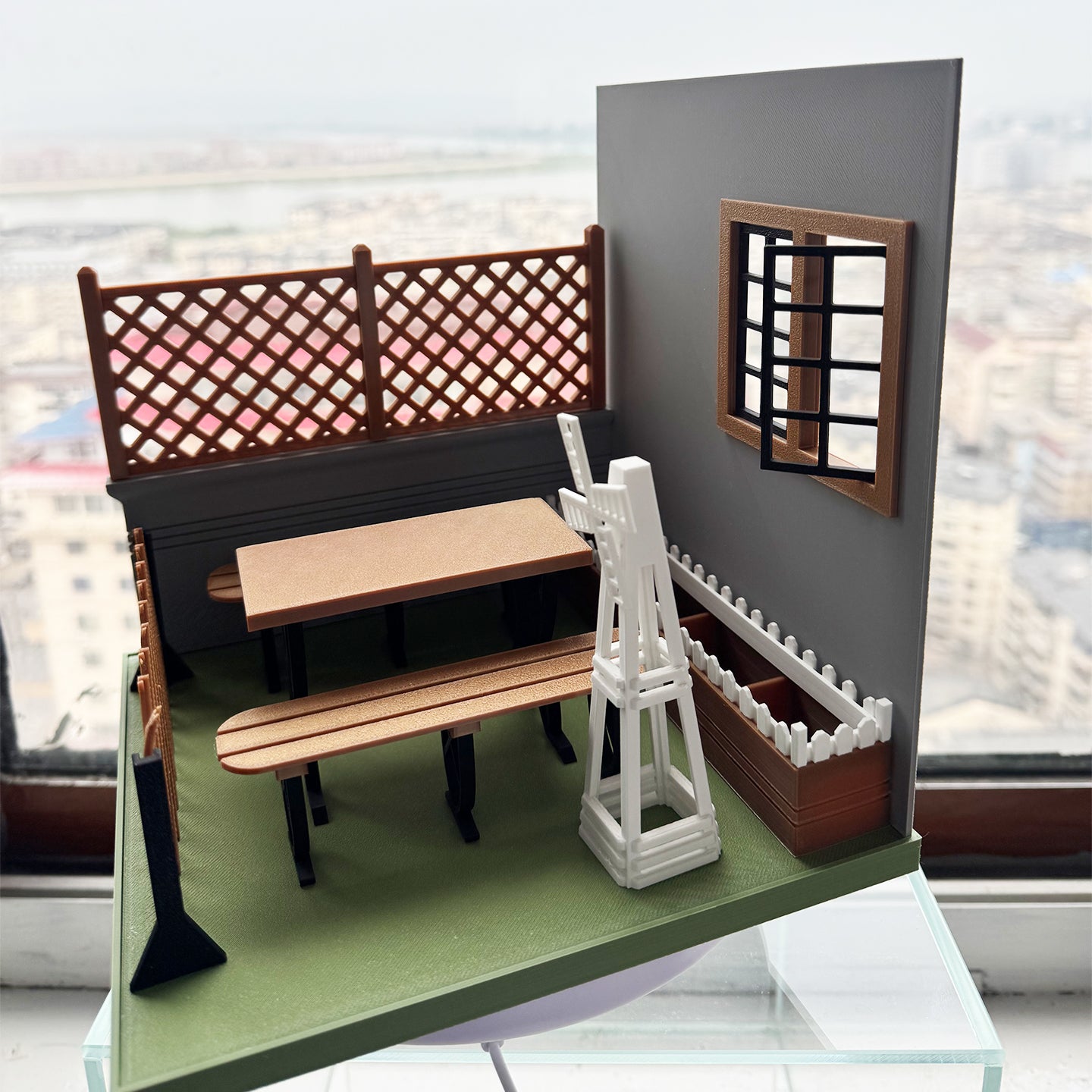 RHF121016 Courtyard 1:12 Scale Dollhouse 3D Printed Miniature Model - Garden Scene With Windmill Table And Chairs