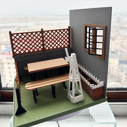 RHF121016 Courtyard 1:12 Scale Dollhouse 3D Printed Miniature Model - Garden Scene With Windmill Table And Chairs