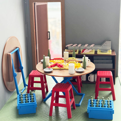 RHF121015 1/12 The Grill Room 1:12 Scale Dollhouse 3D Printed Miniature Barbecue Hut - With Barbecue Tools Table Chairs And Beer
