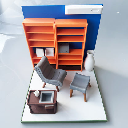 RHF121003 1/12 Resting Corner Framework 3D Printing DIY Miniature Scenes1:12 scale leisure dollhouse miniature recliner, bookshelf, tea table