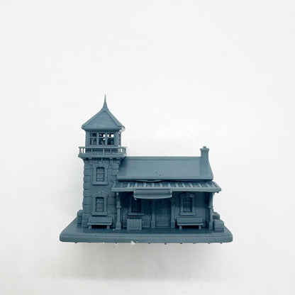 MRY-SFW LYTS125 Stone Train Station with Watchtower 3D Printed Retro Railway Miniature for Model Train Scenes Collectors or Desktop Decoration