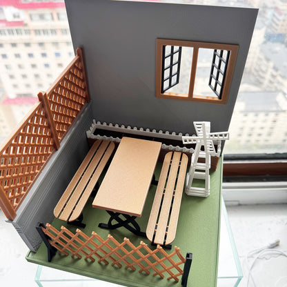 RHF121016 Courtyard 1:12 Scale Dollhouse 3D Printed Miniature Model - Garden Scene With Windmill Table And Chairs