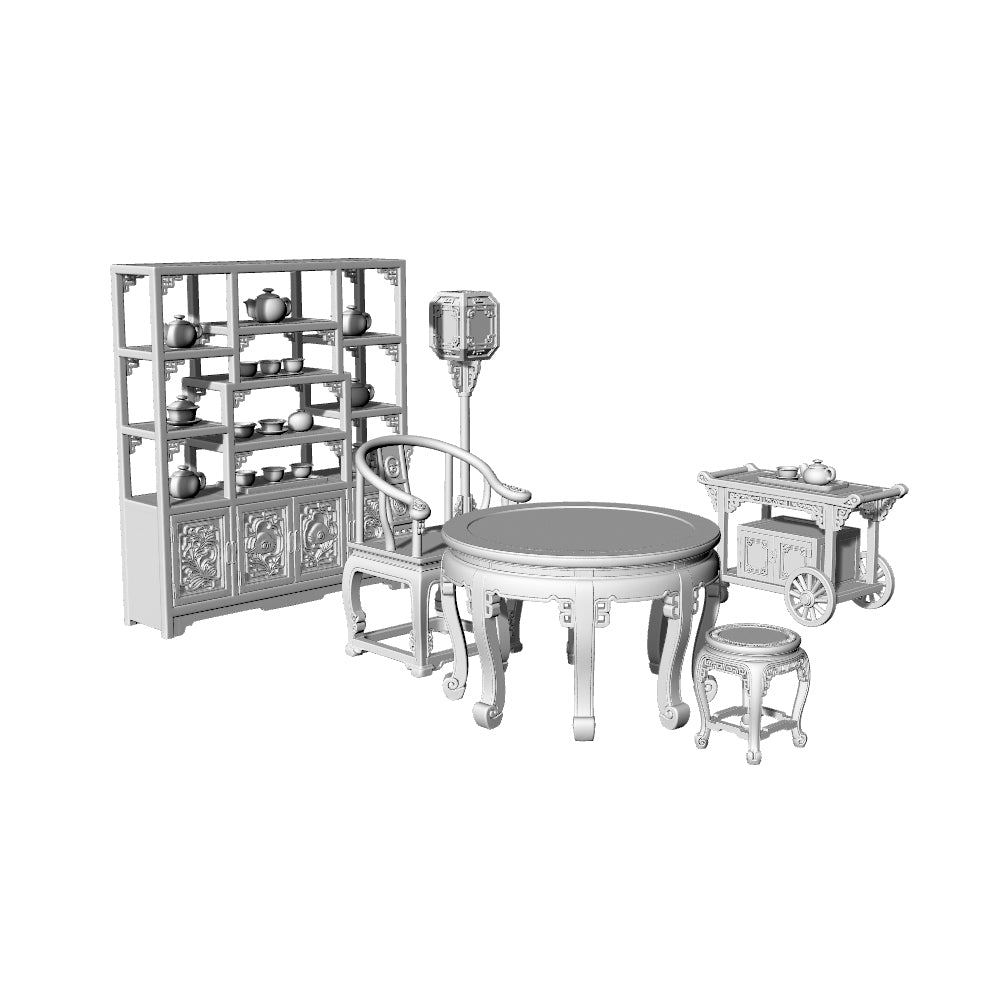 MRY-SFW LYTS526 3D Printed Chinese Tea Room Furniture Set, Unpainted White Resin, Miniature Dollhouse Diorama Accessories