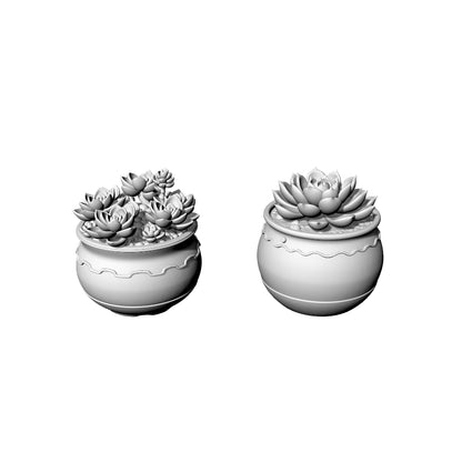 MRY-SFW LYTS614 3D Printed Unpainted White Resin, Succulent Planter 2-Piece Set, Miniature Garden Diorama Decor
