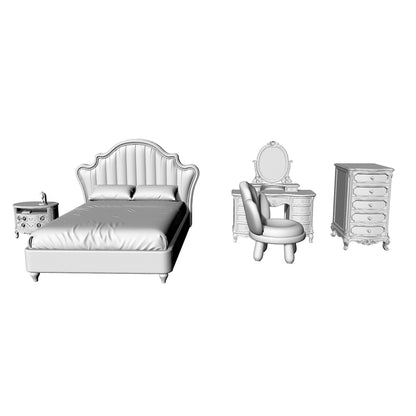 MRY-SFW LYTS546 3D Printed European Style Carved Bedroom Furniture Set, Unpainted White Resin, Miniature Dollhouse Diorama Accessories