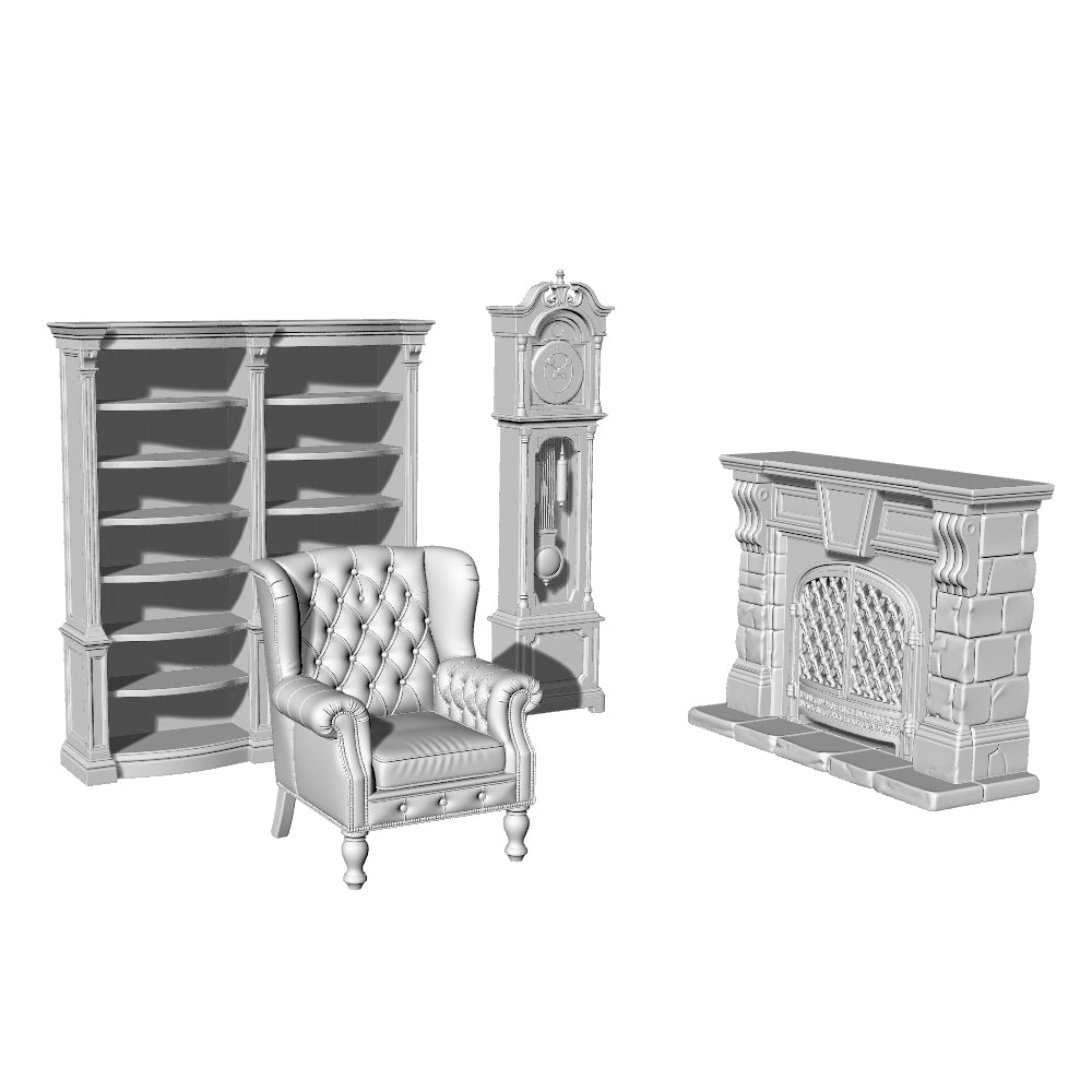 MRY-SFW LYTS623 3D Printed Unpainted White Resin, British Vintage Study Room Furniture Set, Miniature Living Room Scene Ornaments