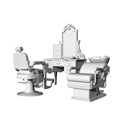 MRY-SFW LYTS635 3D Printed Retro American Barbershop Scene Set, Unpainted White Model, Miniature Scene Ornaments