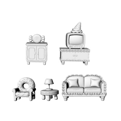 MRY-SFW LYTS642 3D Printed Cute Dessert Themed Furniture Set, Unpainted White Model, Miniature Living Room Scene Ornaments