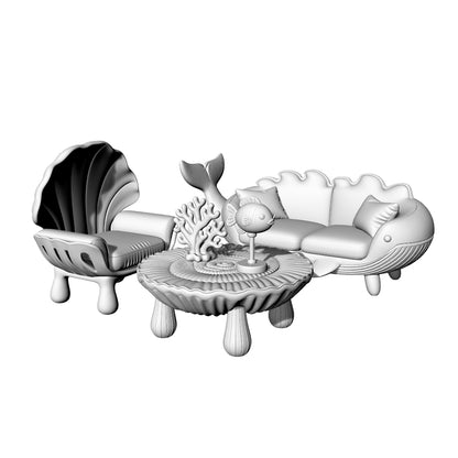 MRY-SFW LYTS649 3D Printed Ocean Themed Seashell Coral Furniture Set, Unpainted White Model, Miniature Scene Ornaments