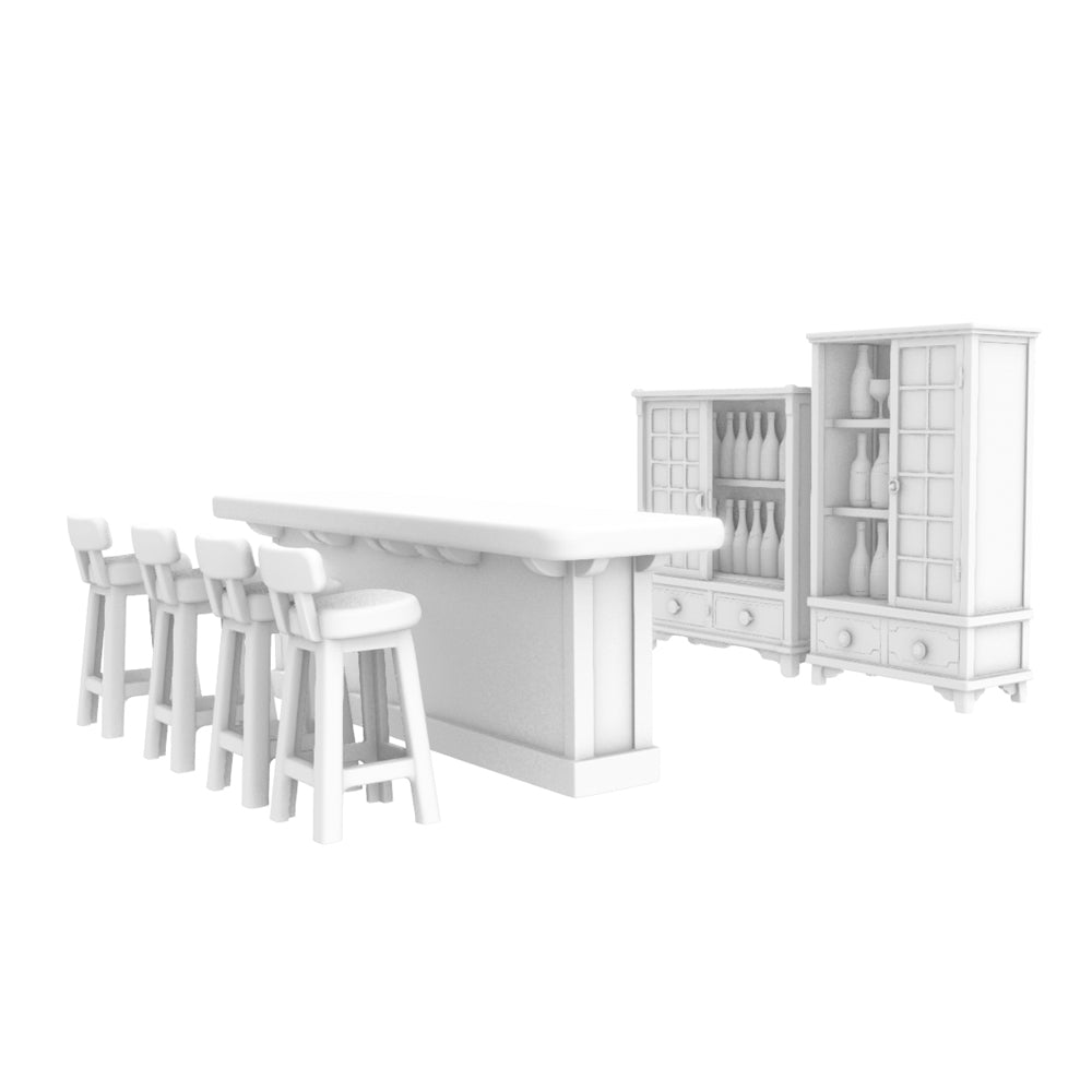 MRY-SFW LYTS629 3D Printed Retro Japanese Izakaya Bar Furniture Set, Unpainted White Model, Miniature Scene Ornaments