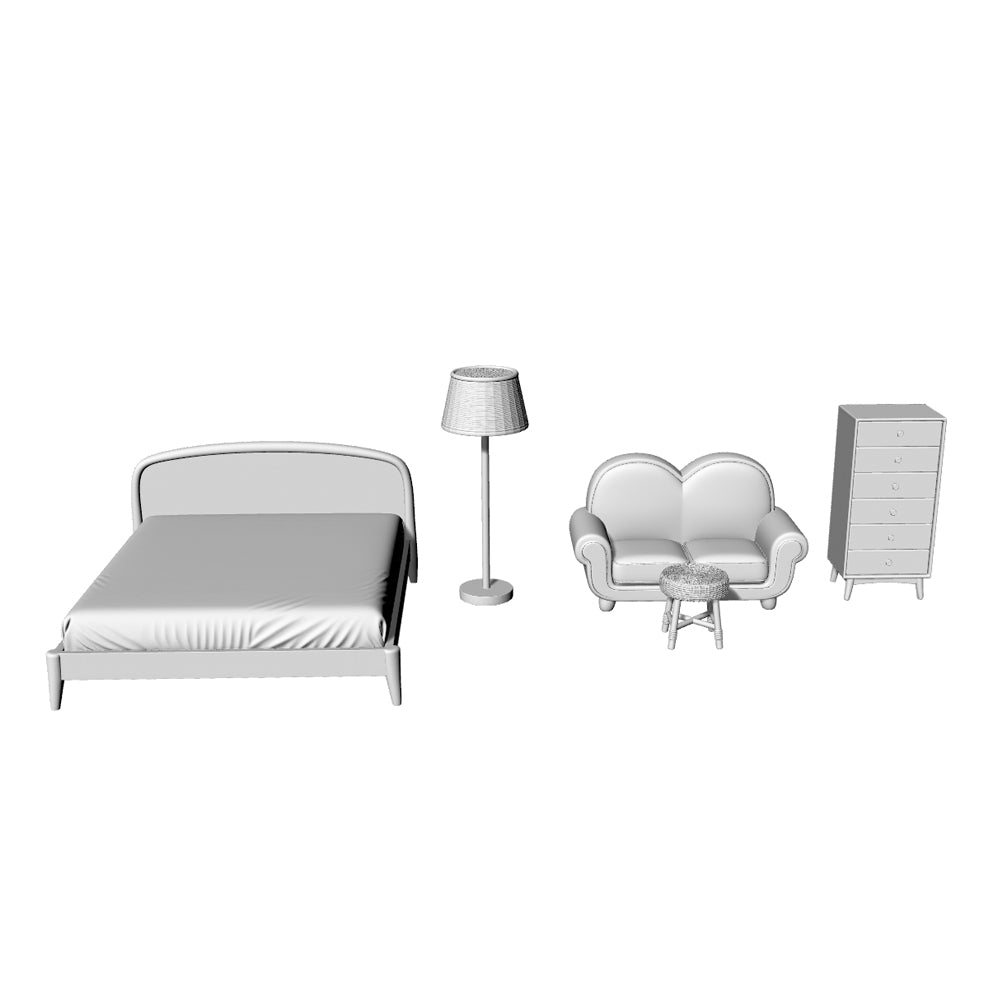 MRY-SFW LYTS557 3D Printed Nordic Wood Style Bedroom Furniture Set, Unpainted White Resin, Miniature Dollhouse Diorama Accessories