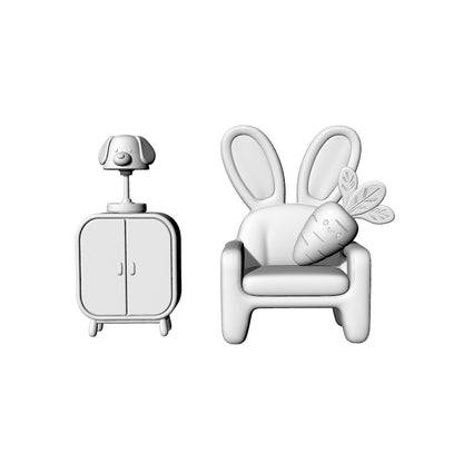 MRY-SFW LYTS640 3D Printed Cute Rabbit & Carrot Style Furniture Set, Unpainted White Model, Miniature Scene Ornaments