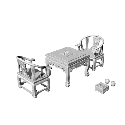 MRY-SFW LYTS527  3D Printed Chinese Armchair & Go Table Furniture Set, Unpainted White Resin, Miniature Dollhouse Diorama Accessories