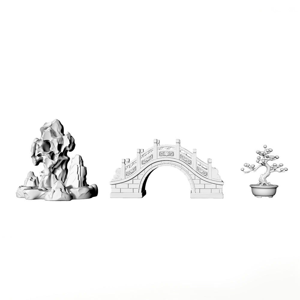 MRY-SFW LYTS537 3D Printed Chinese Garden Landscape Ornament Set, Unpainted White Resin, Miniature Diorama Scenery Accessories