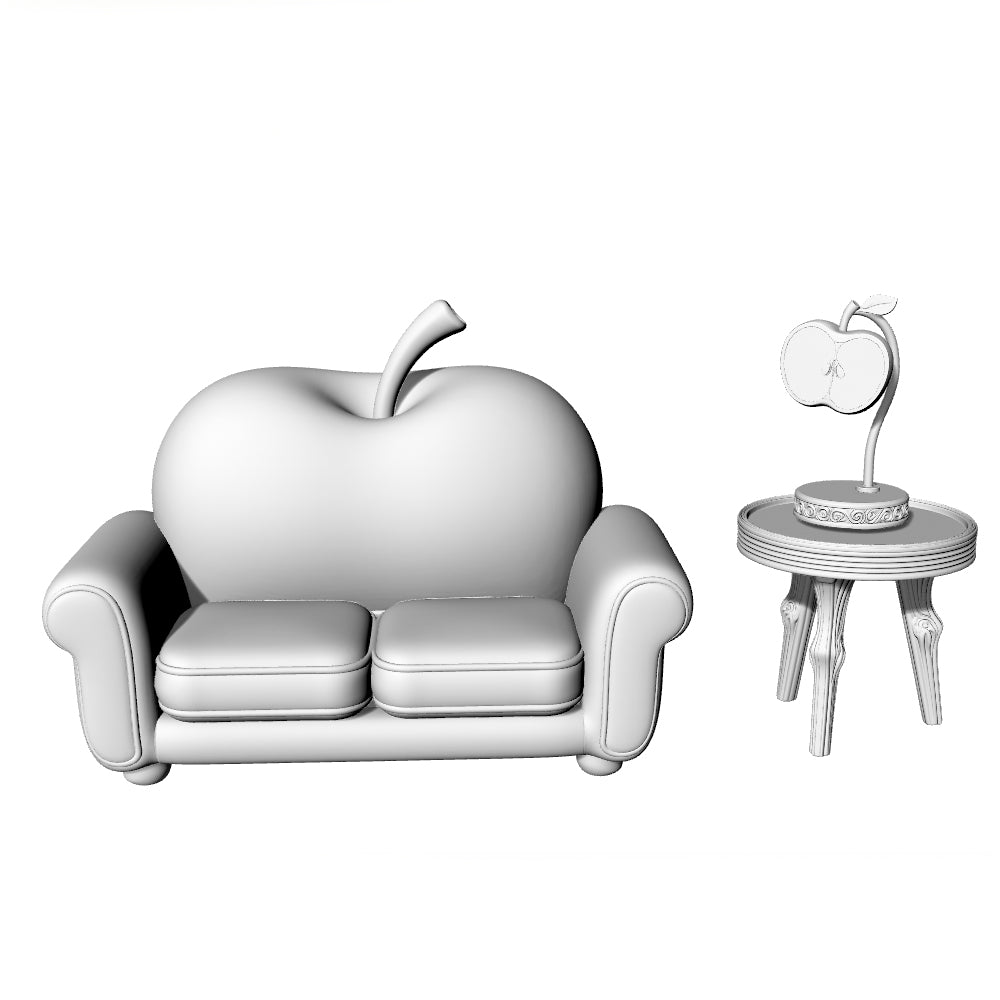 MRY-SFW LYTS536 3D Printed Creative Apple-Shaped Sofa & Side Table Set, Unpainted White Resin, Miniature Dollhouse Accessories