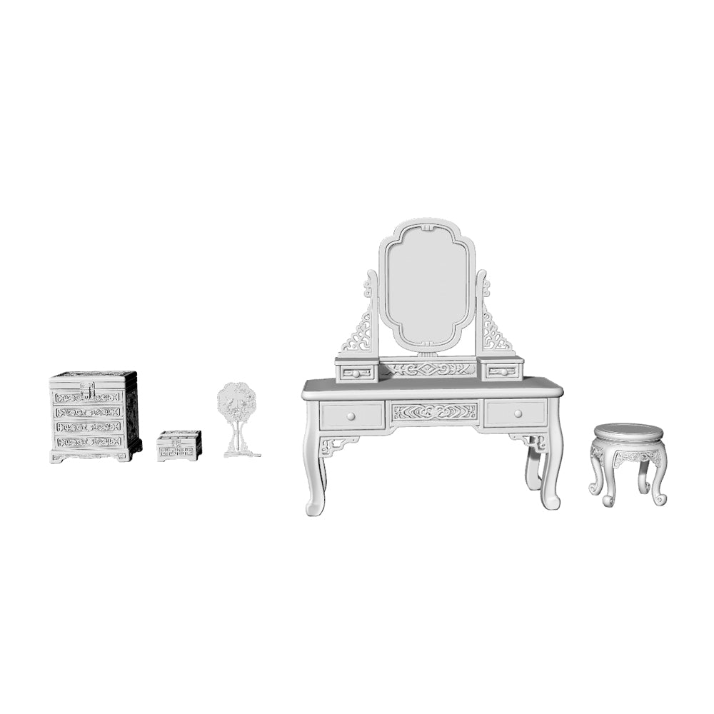 MRY-SFW LYTS522 3D Printed Chinese Classical Dressing Table Set, Unpainted White Resin, Miniature Ancient Architecture Dollhouse Diorama Accessories