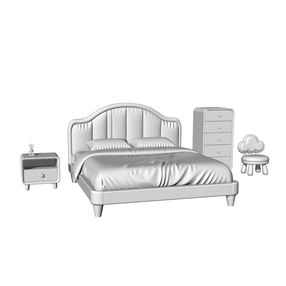 MRY-SFW LYTS554 3D Printed Korean Cream Wood Style Bedroom Furniture Set, Unpainted White Resin, Miniature Dollhouse Diorama Accessories