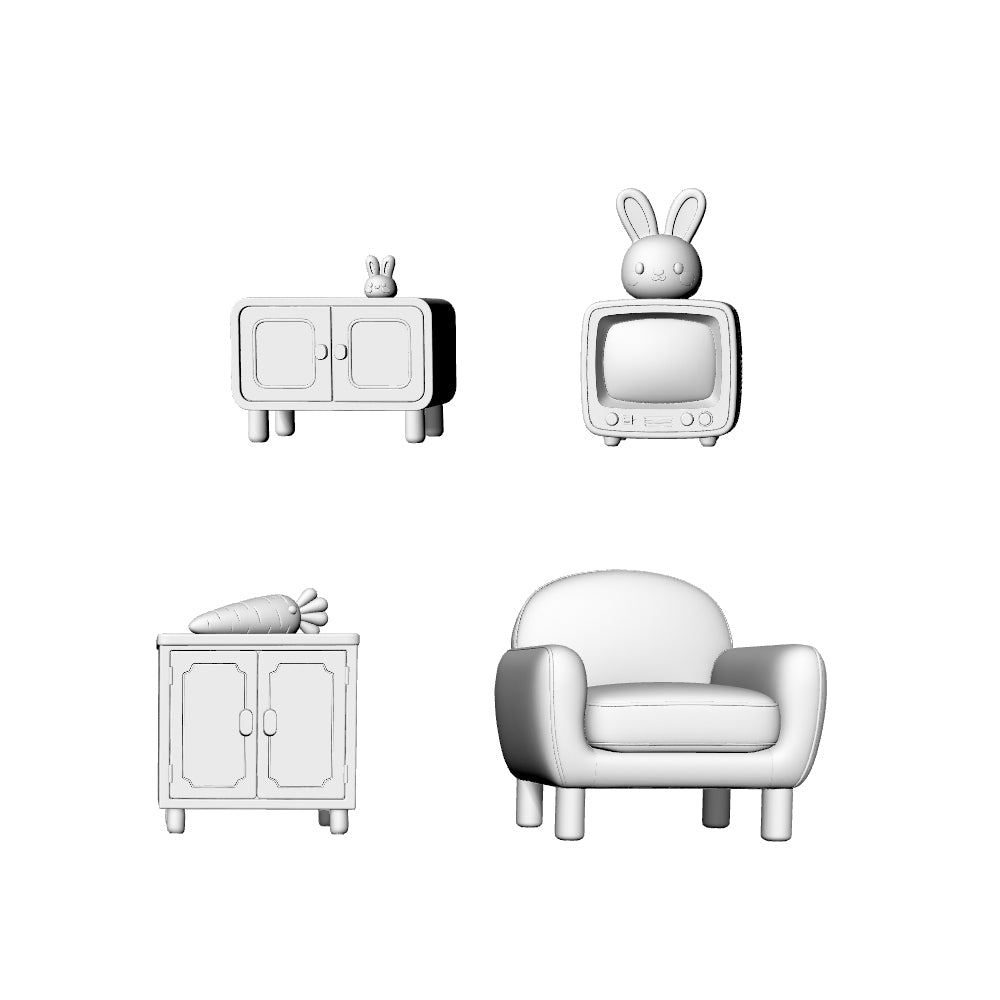 MRY-SFW LYTS643 3D Printed Cute Rabbit & Carrot Themed Furniture Set, Unpainted White Model, Miniature Living Room Scene Ornaments