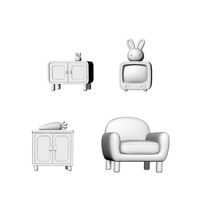 MRY-SFW LYTS643 3D Printed Cute Rabbit & Carrot Themed Furniture Set, Unpainted White Model, Miniature Living Room Scene Ornaments