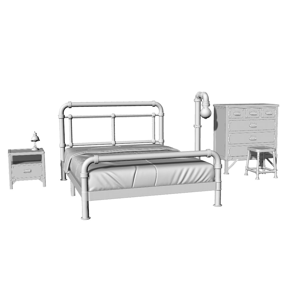 MRY-SFW LYTS555 3D Printed Industrial Style Bedroom Furniture Set, Unpainted White Resin, Miniature Dollhouse Diorama Accessories
