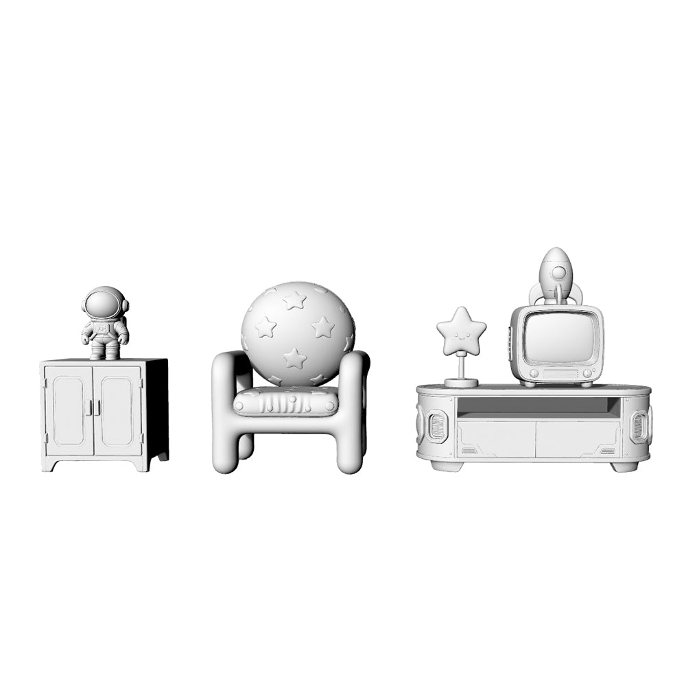 MRY-SFW LYTS641 3D Printed Space Astronaut Themed Furniture Set, Unpainted White Model, Miniature Scene Ornaments