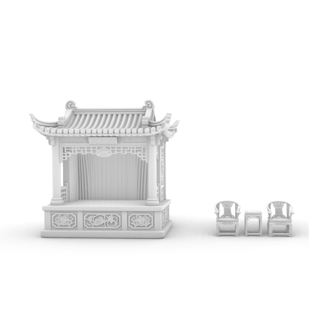 MRY-SFW LYTS532 3D Printed Chinese Ancient Stage & Chair Set, Unpainted White Resin, Miniature Diorama Dollhouse Accessories