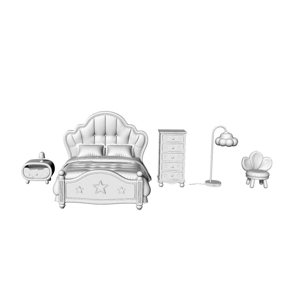 MRY-SFW LYTS553 3D Printed Fairy Tale Dreamy Bedroom Furniture Set, Unpainted White Resin, Miniature Dollhouse Diorama Accessories