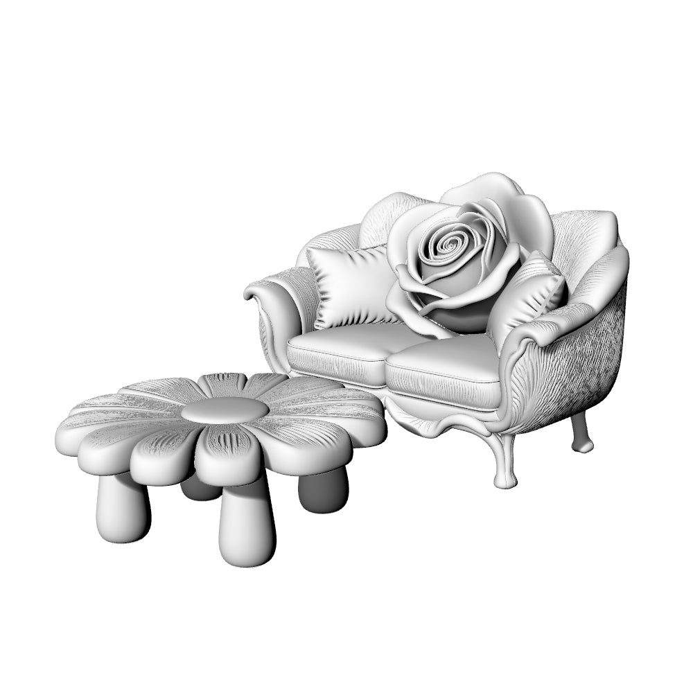 MRY-SFW LYTS652 3D Printed Rose Flower Themed Sofa & Coffee Table Set, Unpainted White Model, Miniature Scene Ornaments