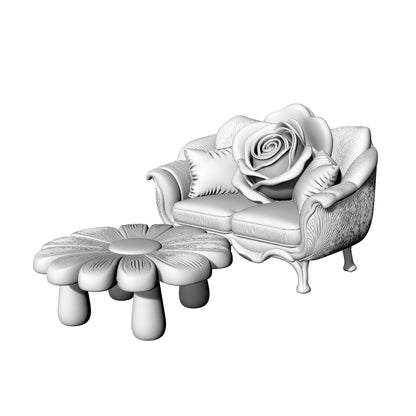 MRY-SFW LYTS652 3D Printed Rose Flower Themed Sofa & Coffee Table Set, Unpainted White Model, Miniature Scene Ornaments