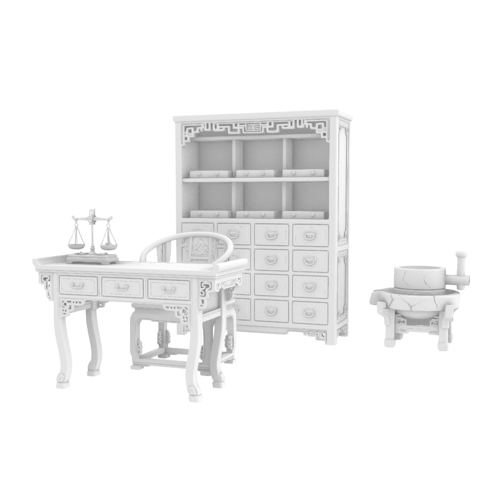 MRY-SFW LYTS631 3D Printed Traditional Chinese Medicine Shop Furniture Set, Unpainted White Model, Miniature Scene Ornaments
