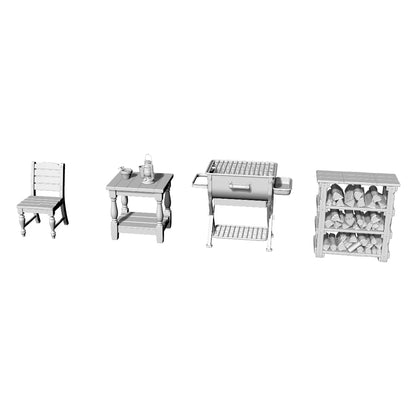 MRY-SFW LYTS618 Unpainted 3D Printed Farmhouse BBQ Furniture Set, Dollhouse Patio Accessories