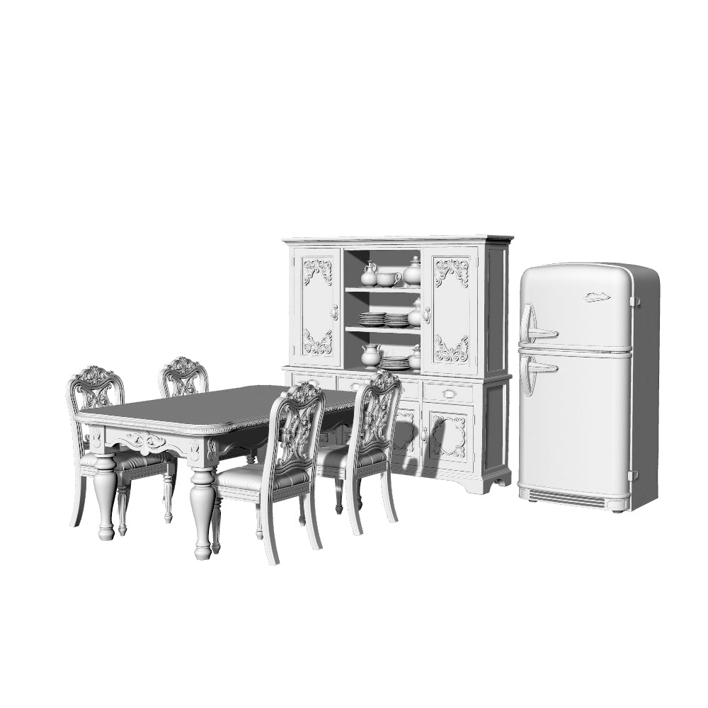 MRY-SFW LYTS627 3D Printed Retro American Dining Room Furniture Set, Unpainted White Model, Miniature Kitchen Scene Ornaments