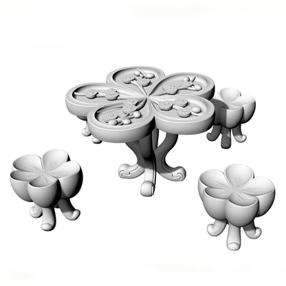 MRY-SFW LYTS545 3D Printed Chinese Clover Pattern Stone Table & Stool Set, Unpainted White Resin, Miniature Dollhouse Diorama Accessories